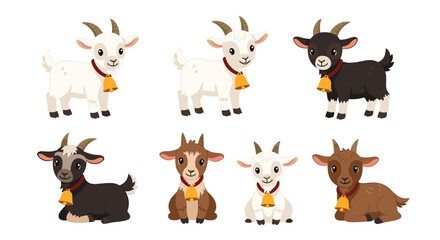 Fototapeta premium A charming collection of cartoon goats in various colors and poses, each adorned with a bell around its neck, perfect for whimsical illustrations and designs.
