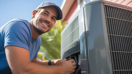 Dependable HVAC technician smiling while repairing air conditioning unit outside, offering prompt service for your home cooling needs on a sunny day
