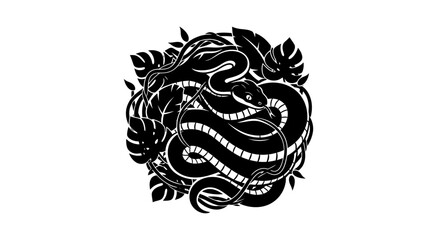 Snake entwined with tropical leaves with transparent background