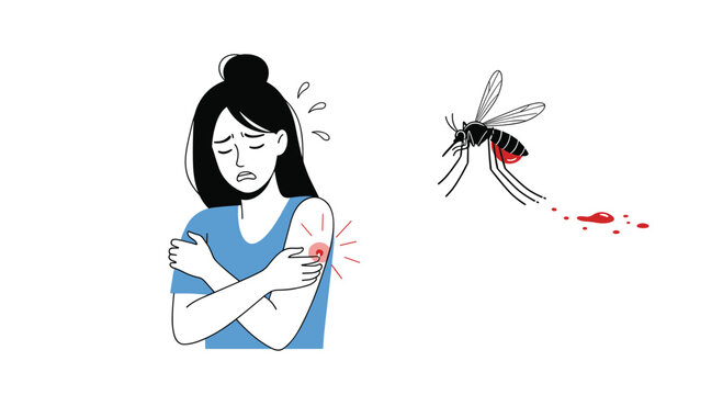 Woman feeling unwell after being bitten by a mosquito, showing symptoms of a possible disease or allergy after the insect bite.