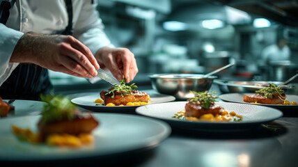 Professional chef plating food in modern restaurant kitchen