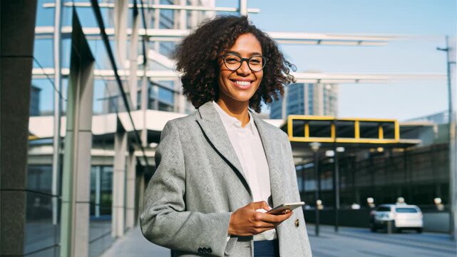 Smiling professional with natural curls checks phone outside a glass campus, radiating confidence, inclusion, and modern business mobility in daylight.