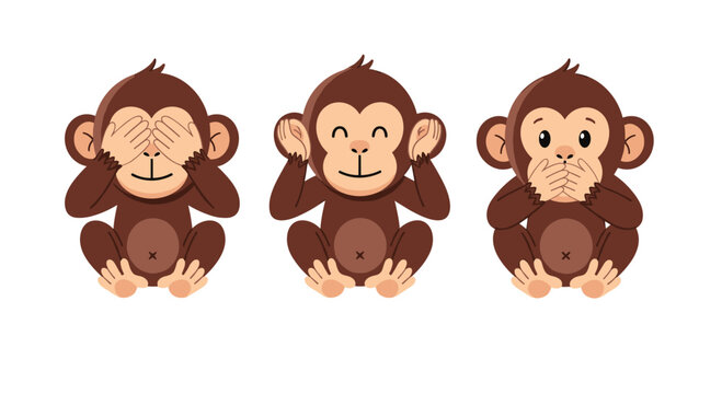 Three cartoon monkeys covering their eyes, ears, and mouth, symbolizing see no evil, hear no evil, speak no evil.