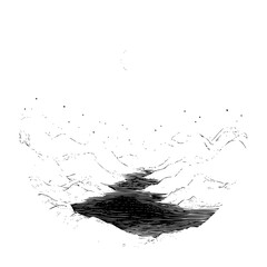 Fototapeta premium A monochrome landscape featuring a dark river flowing through hills under a starry sky and a crescent moon