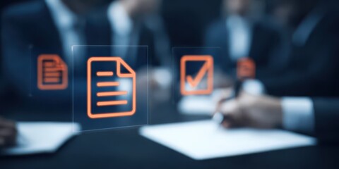 An elegant boardroom filled with holographic screens showing document integration, legal agreement approval stages, audit results, and signed certificates representing teamwork and collaboration