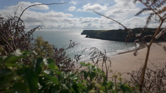 Summertime establishing shot of Barafundle Bay Beach on the Pembrokeshire coast, Wales.