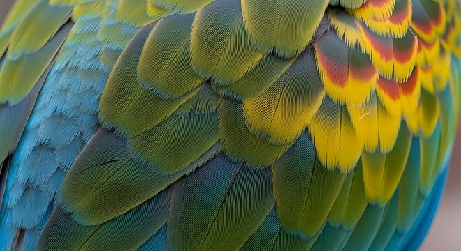 A Splash of Color: A macro shot focusing on the vibrant, intricate patterns of a healthy parrot's feathers, a testament to its improved diet and care., adopt a rescued bird
