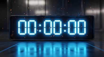 Dynamic digital timer displays zero seconds with glowing blue numerals and sparks suggesting countdown completion or start of action, perfect for dramatic reveals.