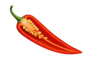 Red chili pepper half with exposed seeds and inner structure, concept of spicy food ingredient transparent background
