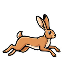A dynamic cartoon illustration of a brown hare with long ears leaping swiftly forward.