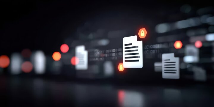 Abstract digital art showing integration waves linking document and certificate entities under the supervision of audit lights and approval gates symbolizing collaboration and agreement