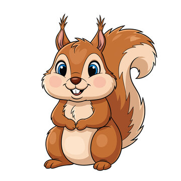 Adorable cartoon squirrel with big blue eyes and a bushy tail sitting upright with a friendly smile and tufted ears.