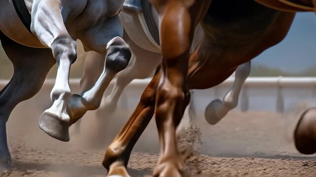 Thundering hooves hammer dirt in slow motion, gritty detail and flying particles intensify the raw power and tension of the racetrack sprint.