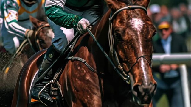 Close horse and jockey surge to finish, tense crowd blur and golden light delivering classic racing drama, competition and winning momentum.