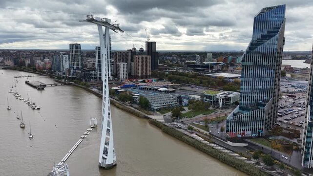 London IFS Cloud Cable Car Greenwich over River Thames UK aerial 4K view