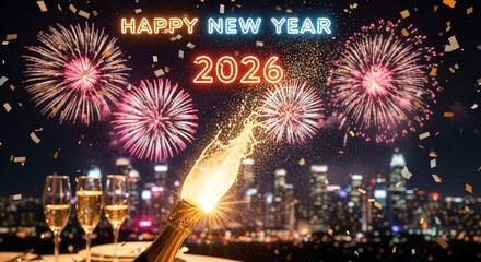 Celebrating New Year 2026 with Fireworks, Champagne, and Festive Ambience in the City