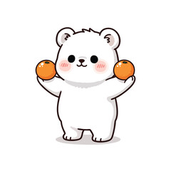 Chubby white cartoon bear with rosy cheeks standing and holding two vibrant oranges.