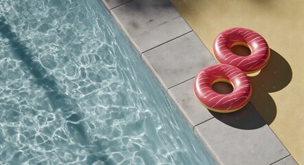 Pink donut inflatable rings beside swimming pool