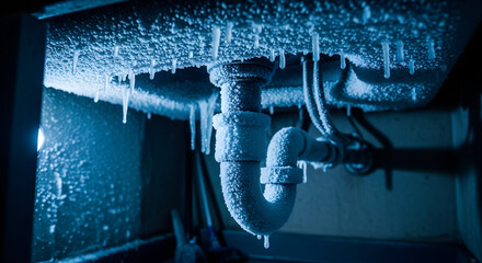 Frozen plumbing pipes with ice buildup in a dark setting  