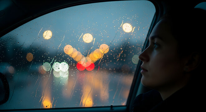 Young woman gazing thoughtfully out car window during rainy evening