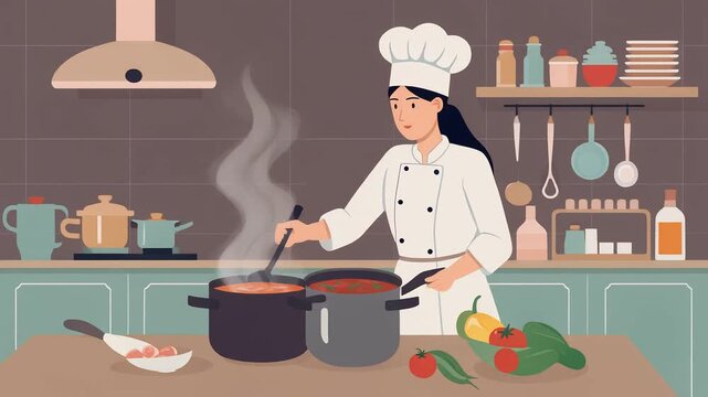 Chef Cooking in a Kitchen A Vector Illustration of Culinary Art and Food Preparation
