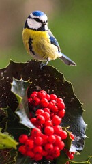 Blue tit perched above a cluster of red berries