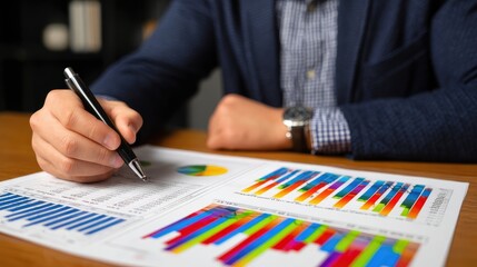 Business performance marketing dashboard report analyzing data with pie charts for strategic insights in a modern office environment