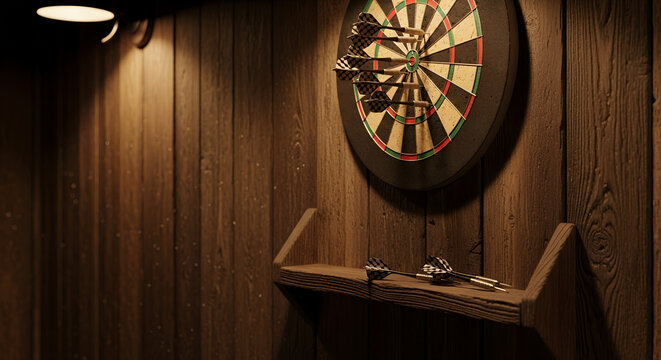 Dartboard on wooden wall with darts and shelf in dim light  