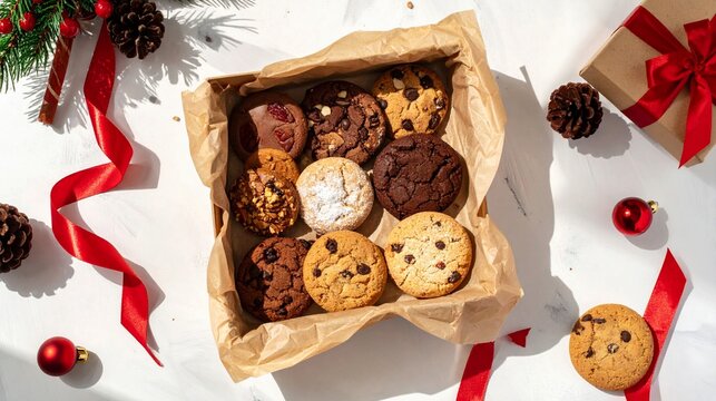 Christmas Cookies Gift Box with Chocolate Chip and Festive Decorations