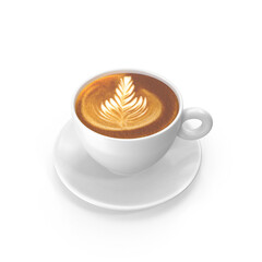 A beautifully crafted cup of latte with intricate latte art served in a white cup and saucer, isolated on a TRANSPARENT background. , PNG