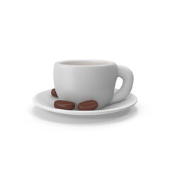Rounded white cup and saucer with two chocolate coffee beans, isolated PNG
