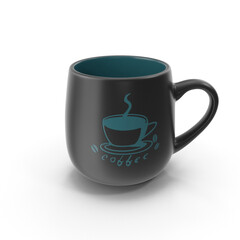 Black coffee mug with stylized blue graphic of coffee cup design, isolated PNG