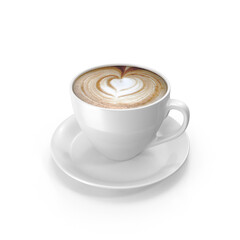 White ceramic cup of latte with beautiful heart latte art, ISOLATED PNG