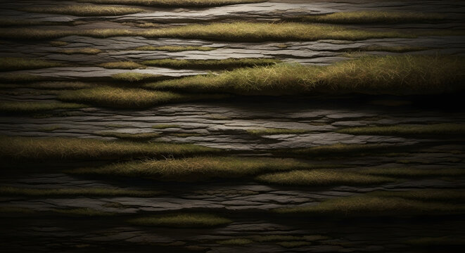 A detailed 4K abstract composition mimicking bark and stone textures with fine layered brushstrokes in grounding browns and soft earth hues. The painterly photorealistic rendering and soft ambient lig