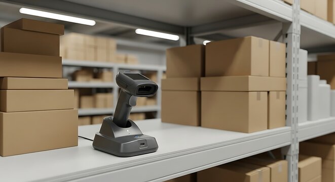 Barcode scanner in a warehouse with cardboard boxes on shelves.