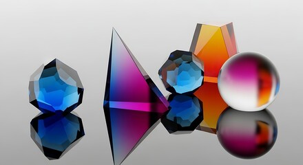 Colorful Geometric Glass Shapes with Reflections.