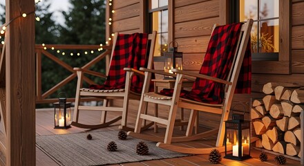 Cozy cabin porch with rocking chairs and string lights for a relaxing evening