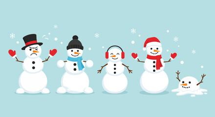 A collection of cute cartoon snowmen with different emotions and accessories, including a melting one.