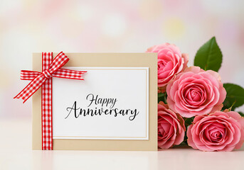Happy Anniversary Greeting Card with Roses and Red Ribbon – Romantic Floral Card Design for Love and Celebration