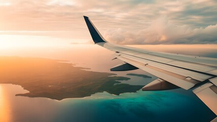 Breathtaking aerial view from airplane window capturing tropical islands and vibrant turquoise waters during golden sunset, perfect for travel and adventure campaigns