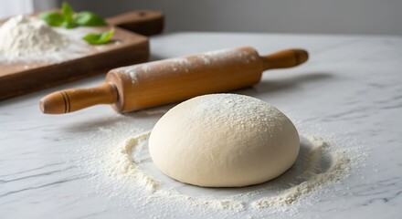 Fresh Dough and Rolling Pin on Floured Surface.
