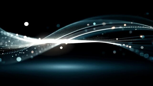 Abstract luminous flowing particles forming a wave against a dark background