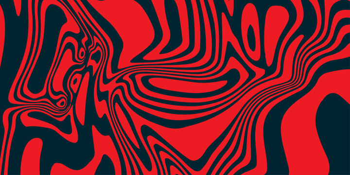 Red Black Abstract Optical Illusion Wavy Line Pattern Background in Fluid Distortion Style.