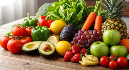 A vibrant display of fresh produce featuring fruits and vegetables on a wooden surface top view