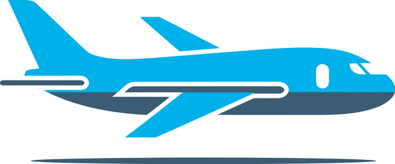 Modern blue airplane in flight against a clean white background