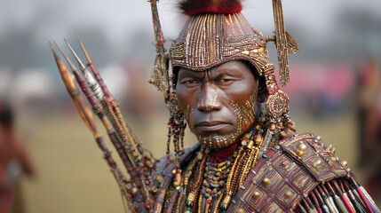 Obraz premium Traditional tribal warrior in ornate armour with arrows and headgear at Hornbill Festival