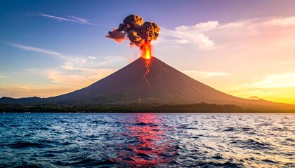 Volcanic eruption at sunset, fiery lava flows down a majestic cone reflected in tranquil waters