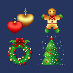 Festive Christmas Decorations A Heart Ornament, Wreath, and Gingerbread Man on a Dark Blue Background