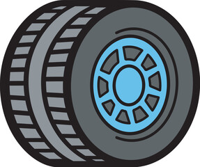 Close-up illustration of a car tire with a blue rim, showcasing tread detail.