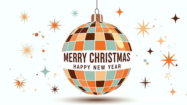 Merry Christmas and Happy New Year Mid-Century Modern Greeting with a Retro Tiled Disco Ball Ornament, Surrounded by Abstract Starburst Shapes in Orange Brown and Teal Colors
